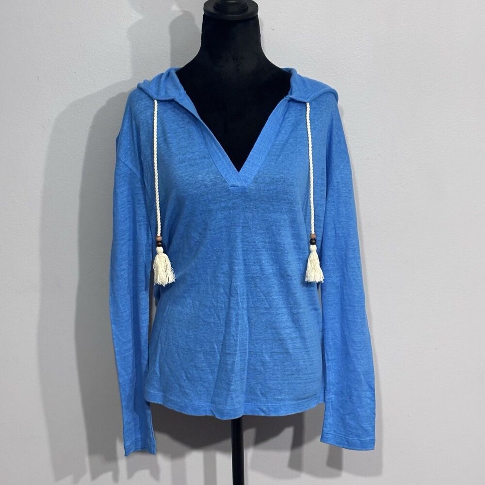 SIGRID OLSEN Women's V Neck Tassels Hooded Long Sleeve Blue T Shirt Women’s SZ S